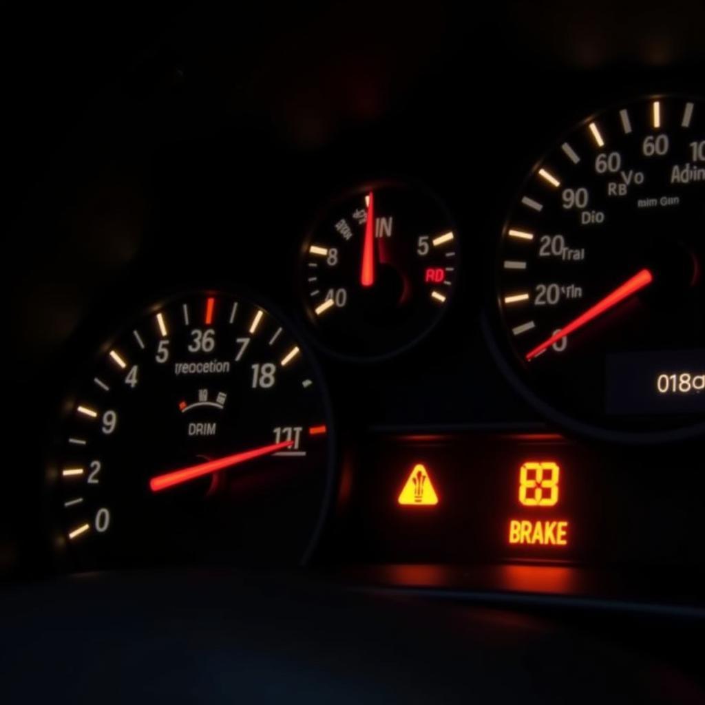 Car dashboard with illuminated warning lights