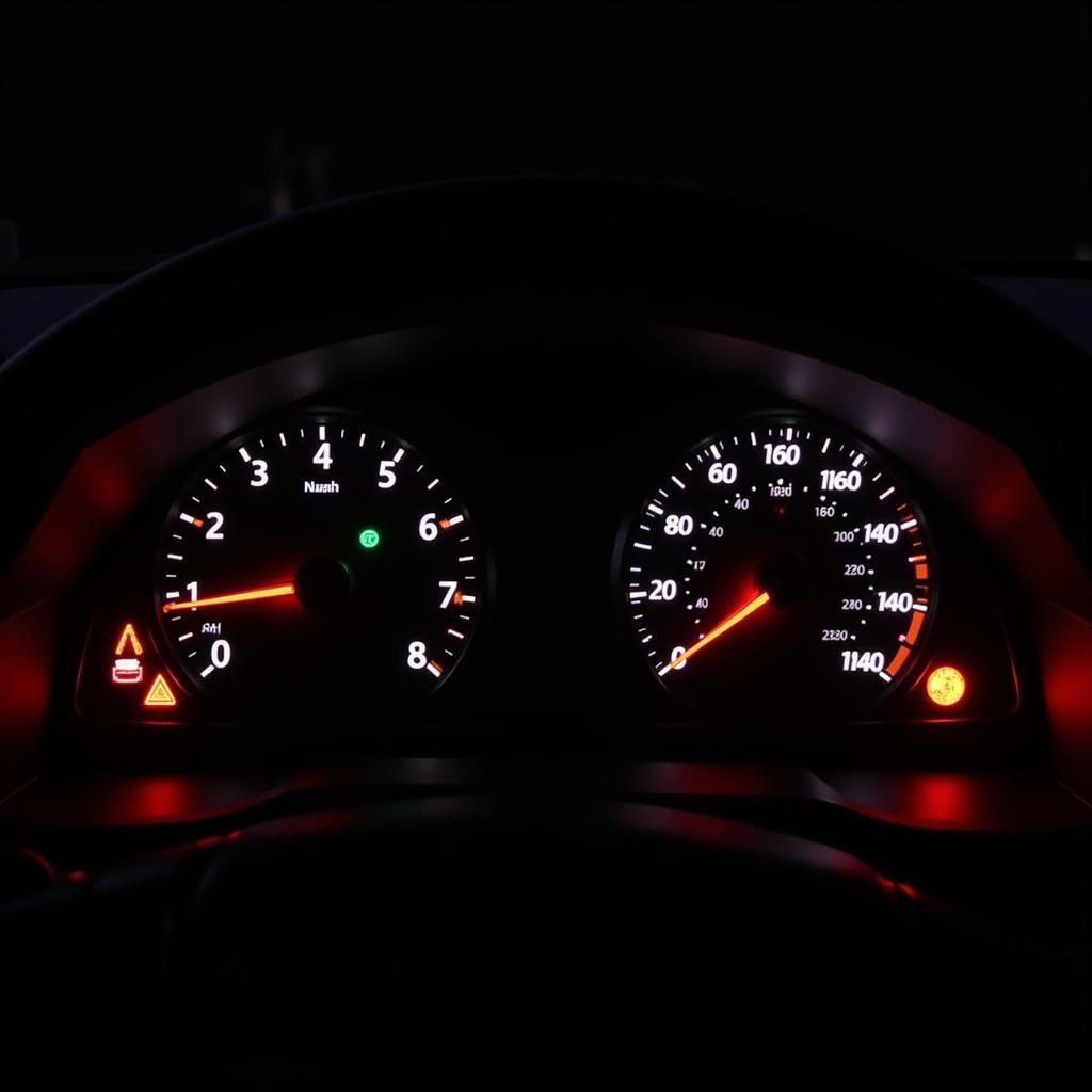 Car dashboard displaying various warning lights