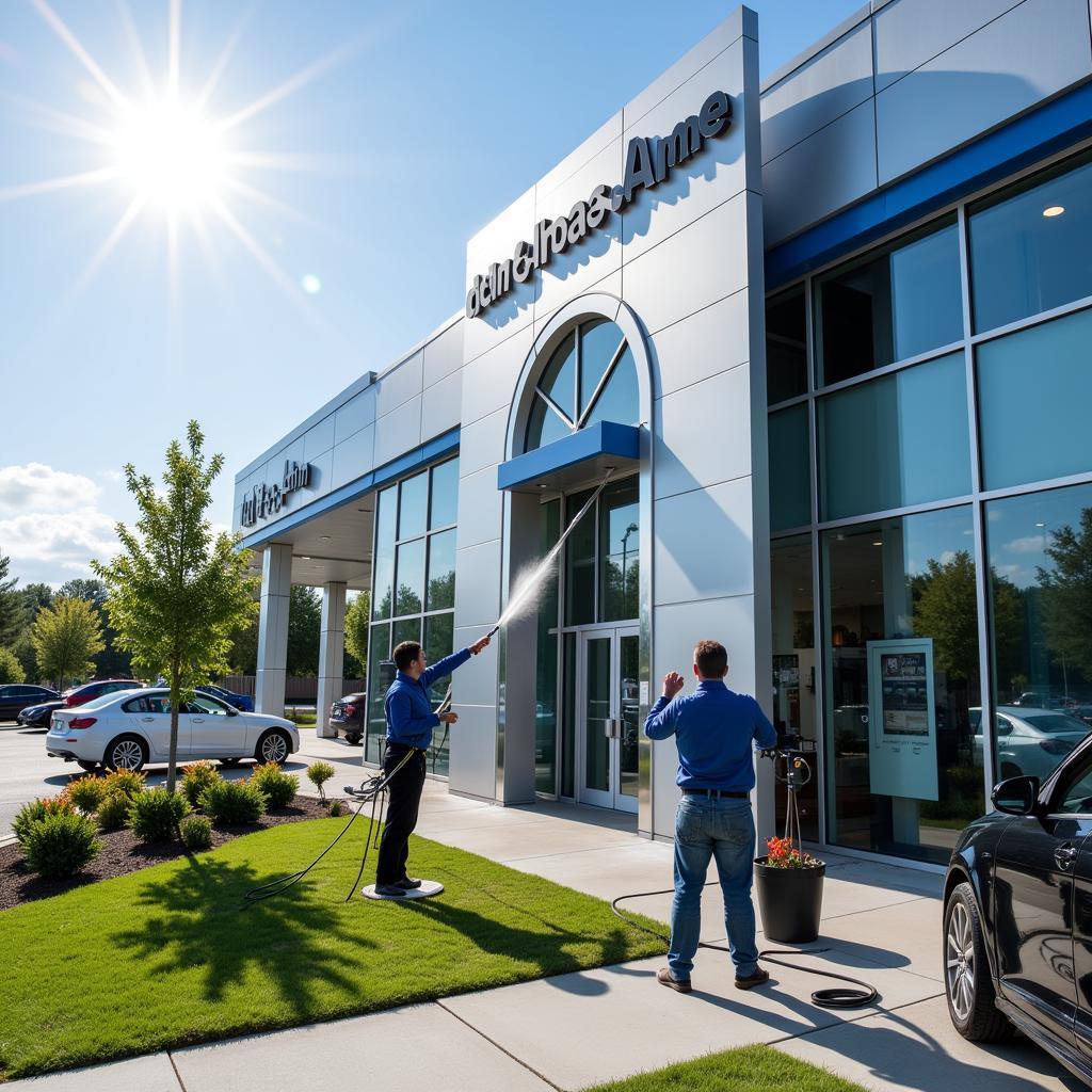 Professional exterior cleaning services enhance the curb appeal of car dealerships.