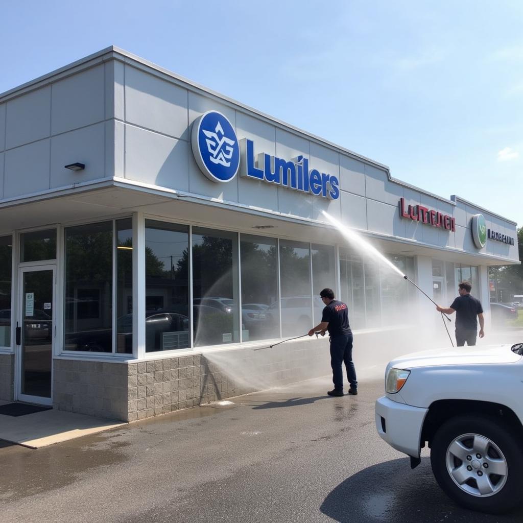 Pressure washing the exterior of a car dealership in White Plains, NY