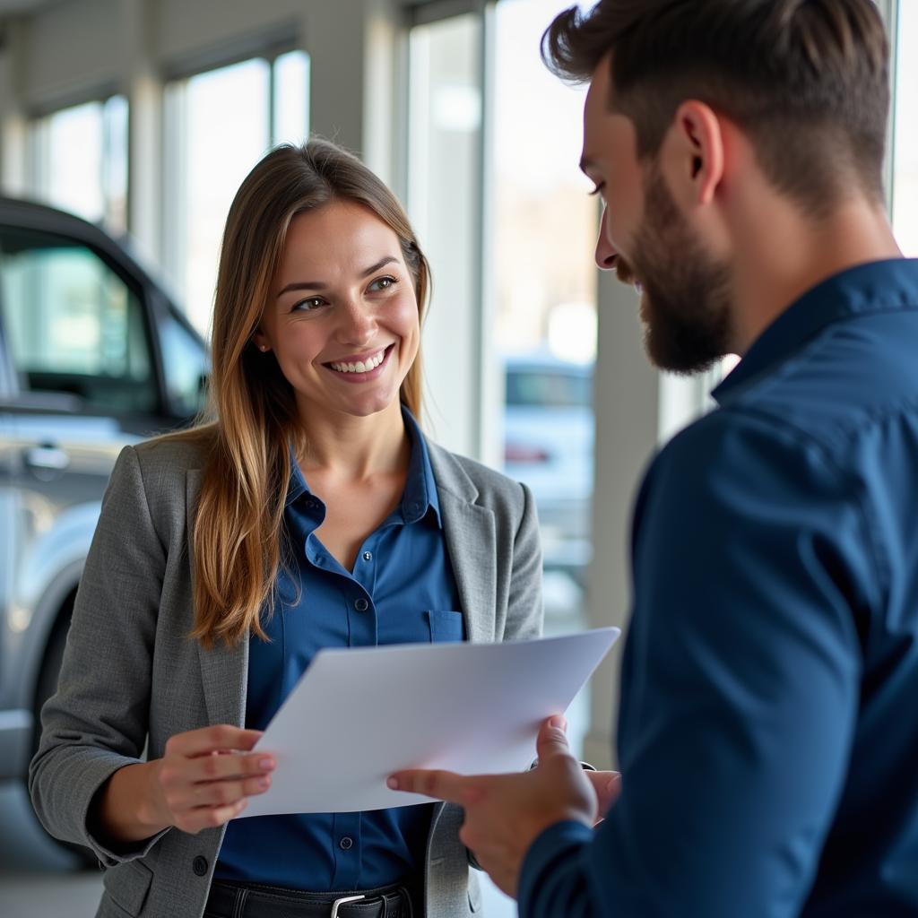 Car Dealership Service Advisor Explaining to Customer