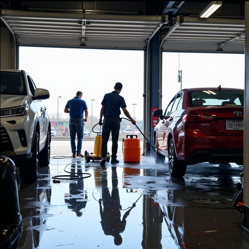 Professional cleaners detailing a service bay in a White Plains car dealership