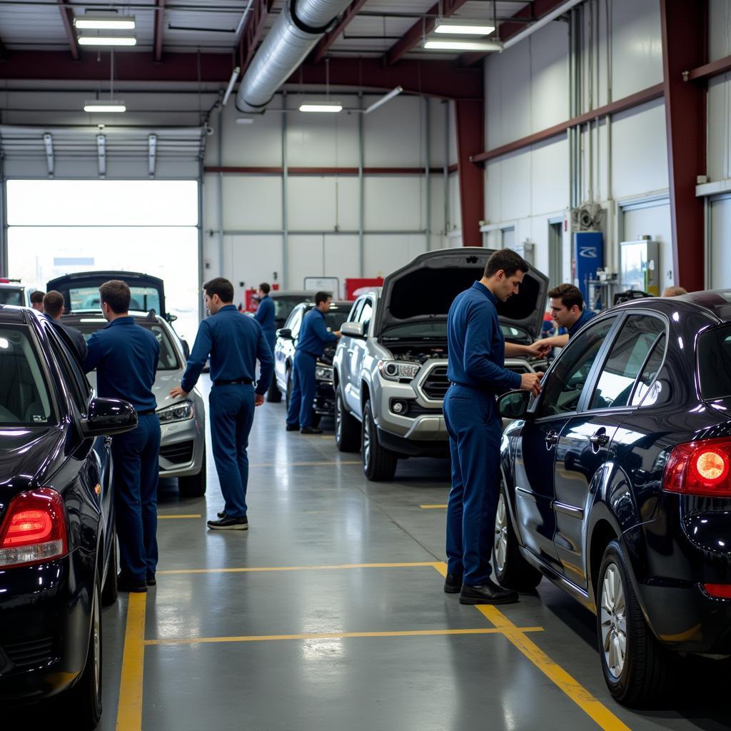 Busy car dealership service department with technicians working on vehicles