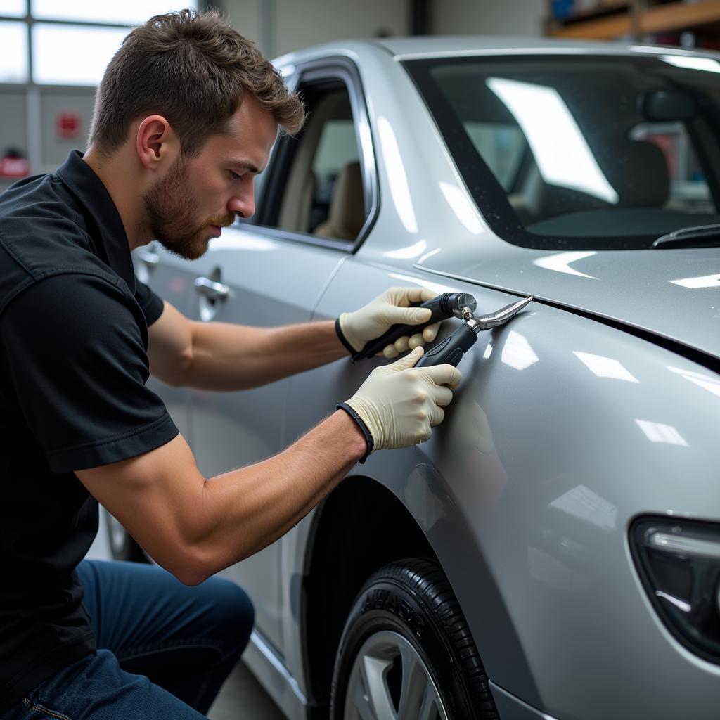 Car Dent Repair Technician at Work