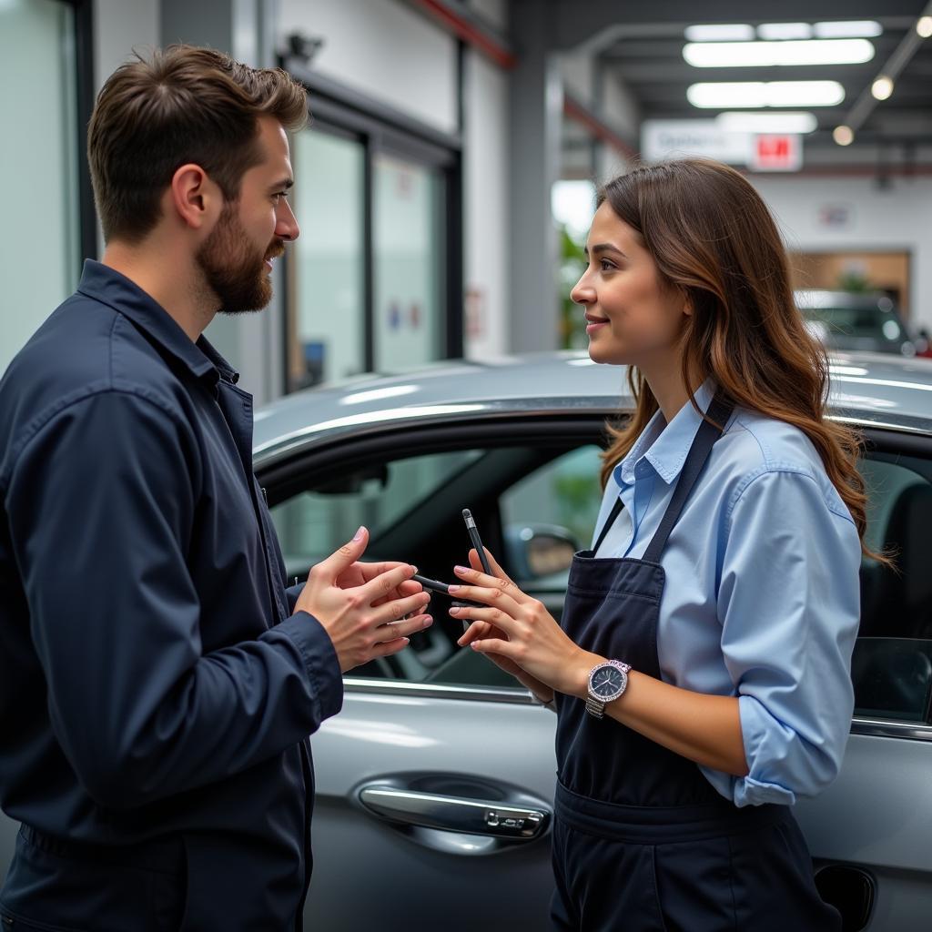 Car Detailer Discussing Service with Customer