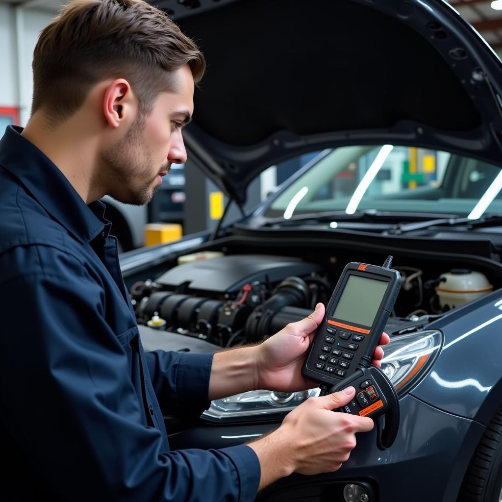 Modern diagnostic equipment being used on a car near NN2 6JD