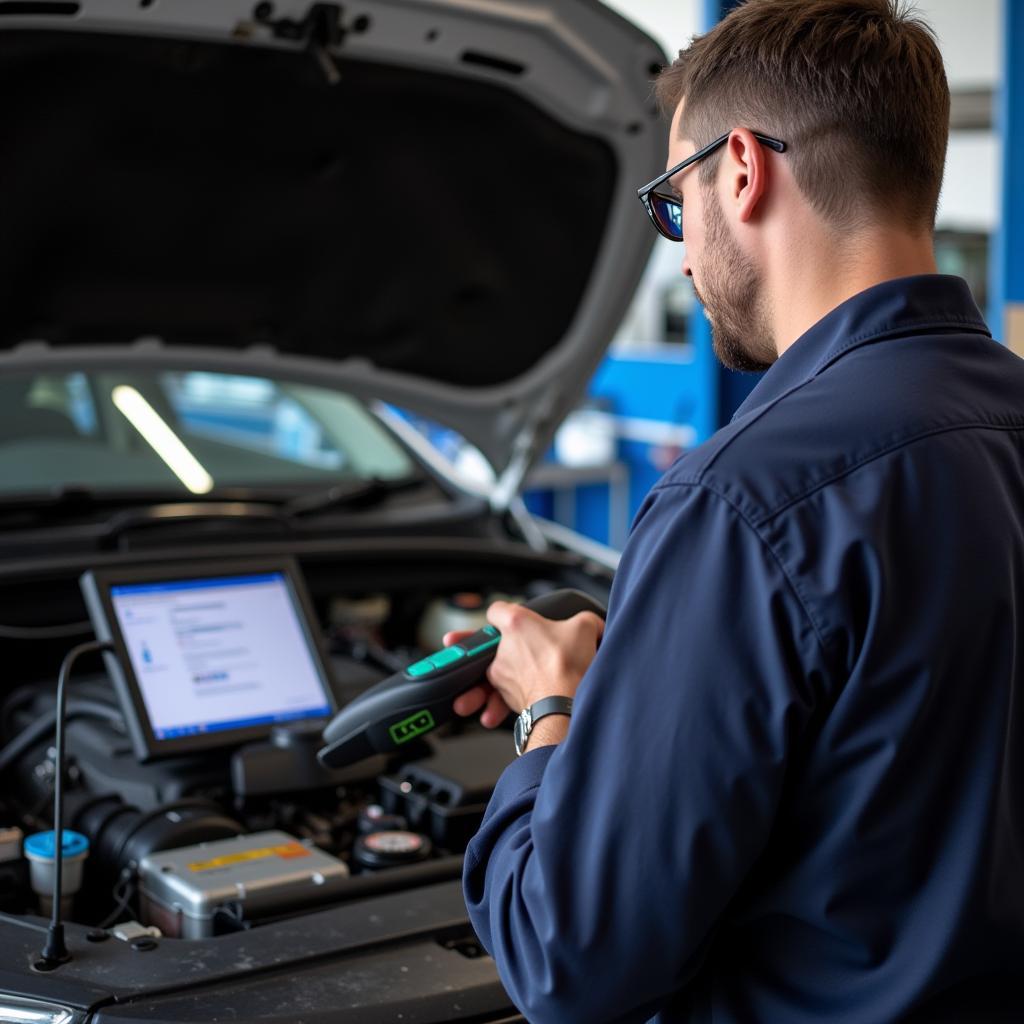 Car Diagnostic Scan Tool in Newcastle: A mechanic using a diagnostic scan tool on a car's engine.