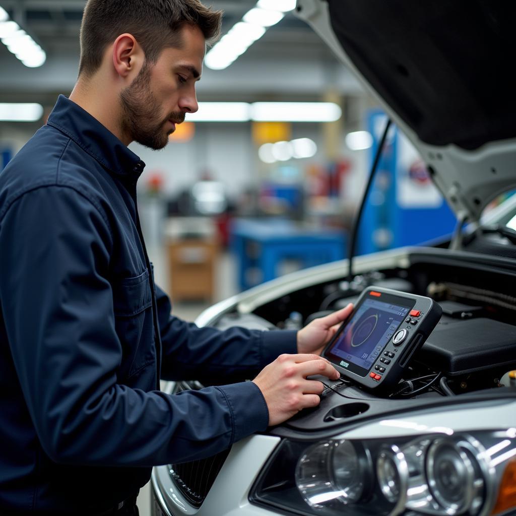 Mechanic using diagnostic tools in auto sector 6