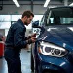 Mechanic performing the first service check-up on a new car