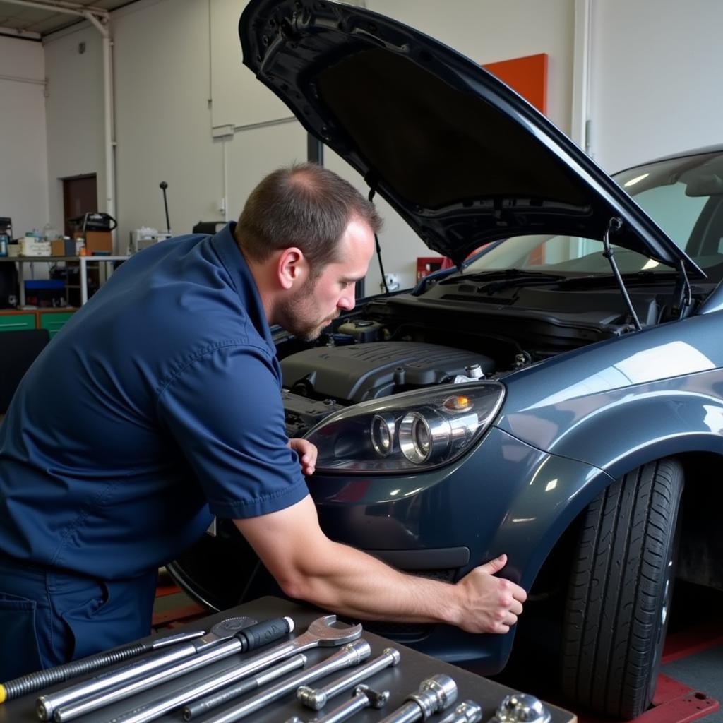 Mechanic Inspecting Car During Full Service in Nottingham