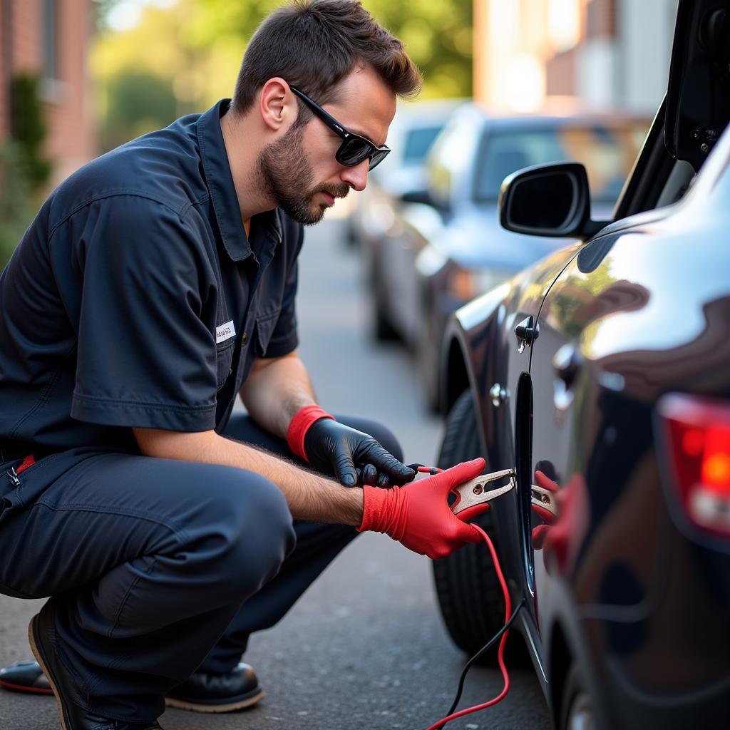 Professional technician jumpstarting a car in Williamsburg