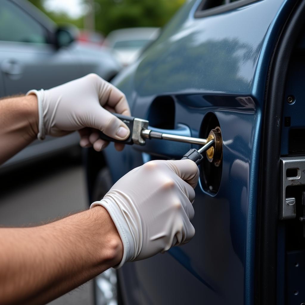 Car Locksmith Opening a Locked Car Door