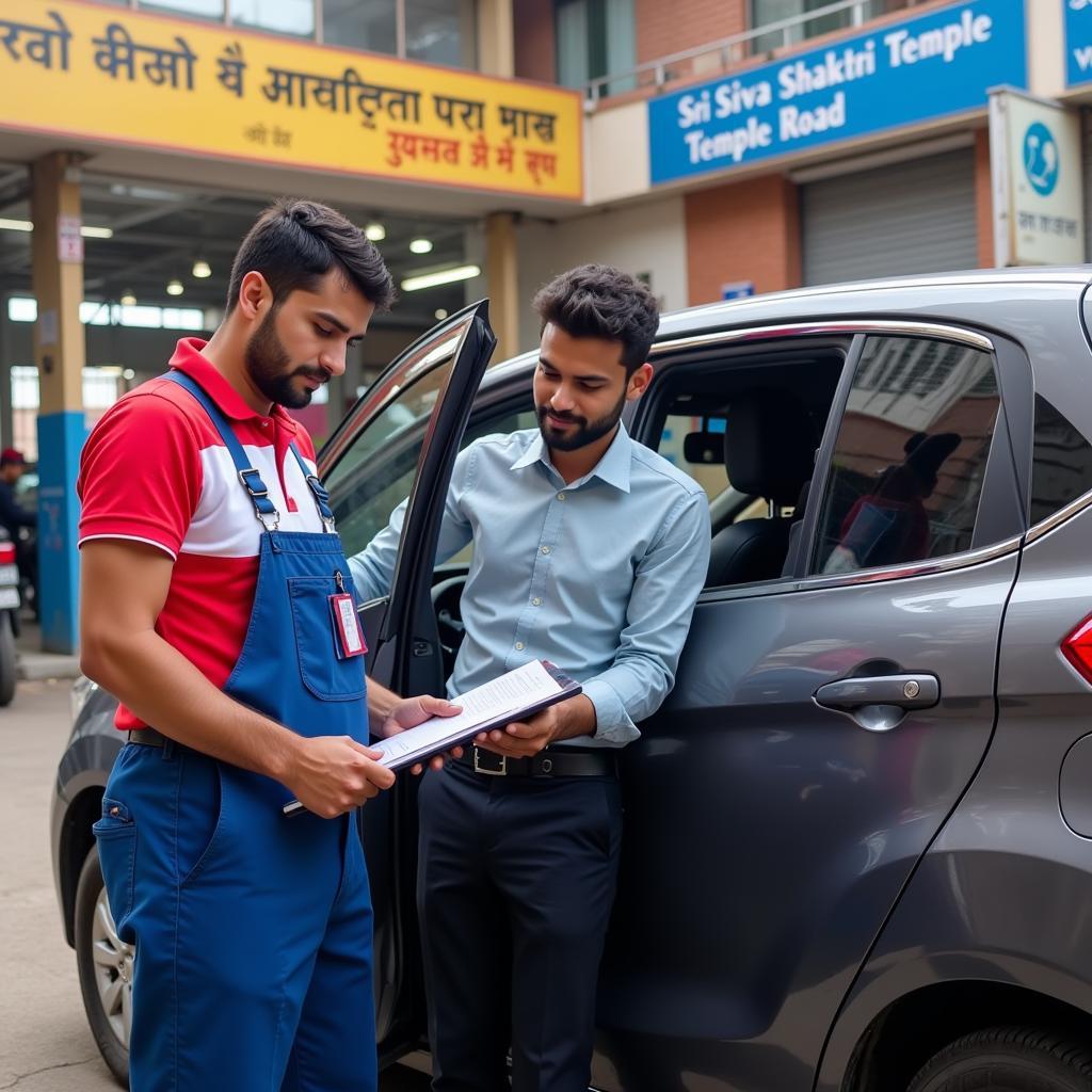 A car owner reviewing a maintenance checklist with their mechanic at a service center near Sri Shiva Shakthi Temple Road