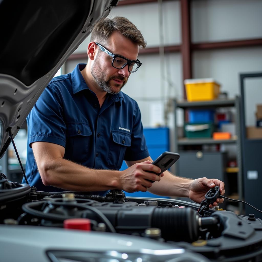 Mechanic inspecting car engine