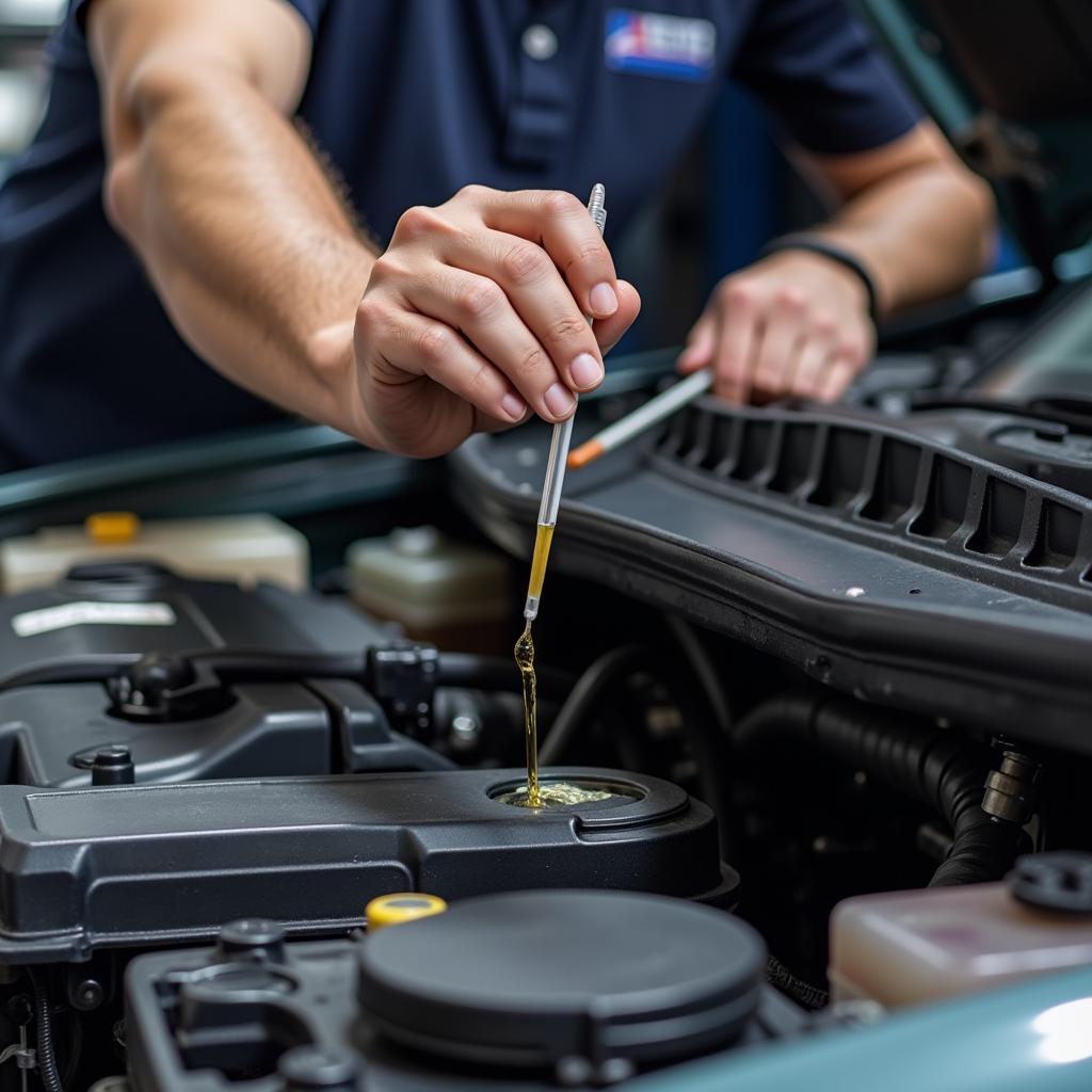 Mechanic checking car oil level