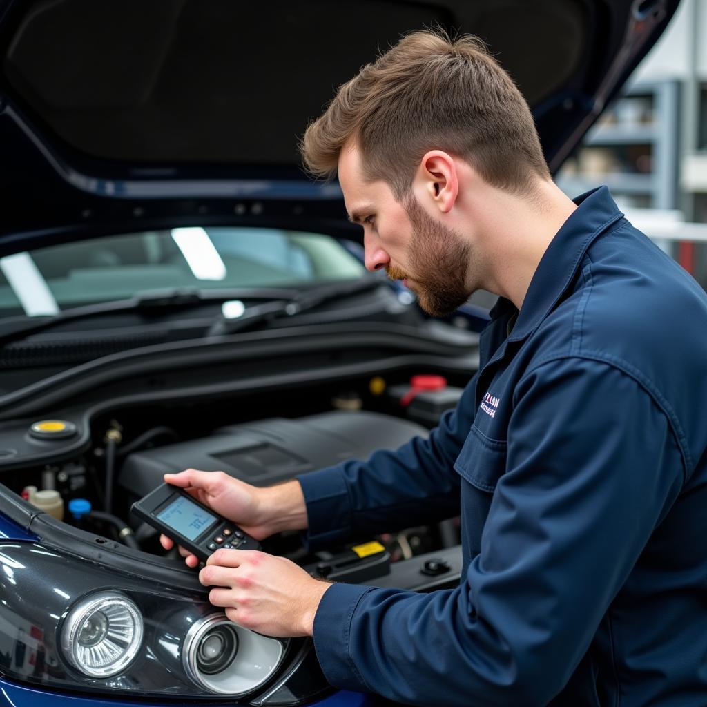 Car mechanic performing diagnostics on a vehicle in a Norwich garage