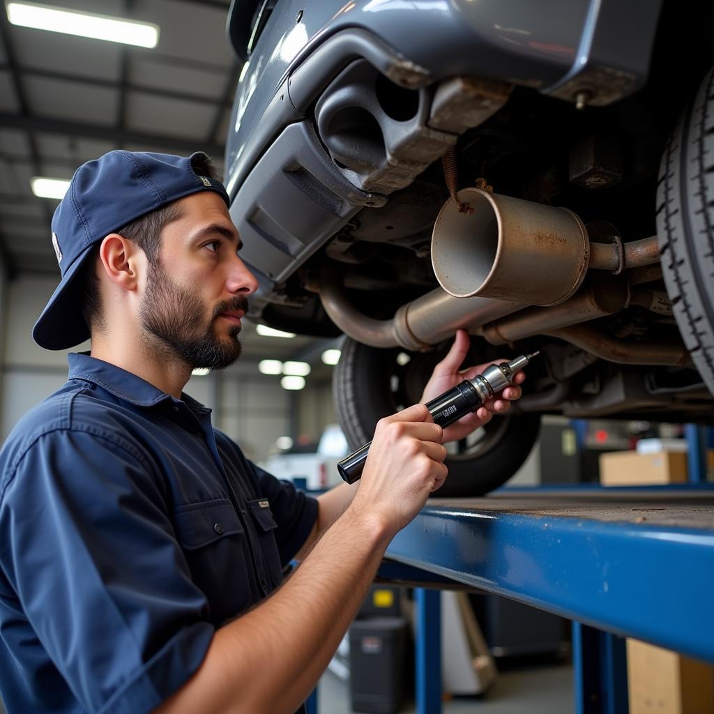 Car Muffler Inspection by a Mechanic in Botany