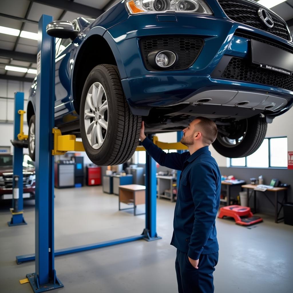 Car on a lift for inspection