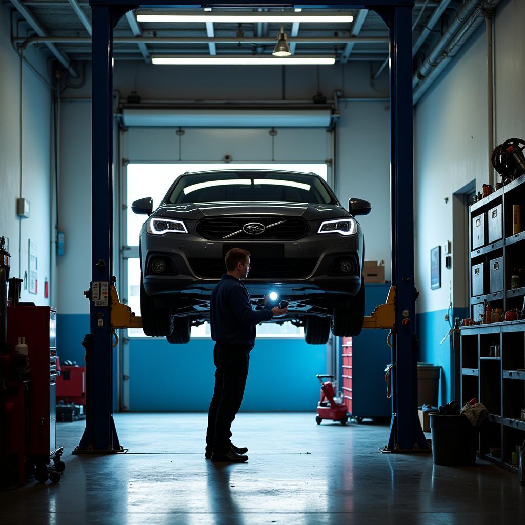 Car on a Lift in a Service Bay