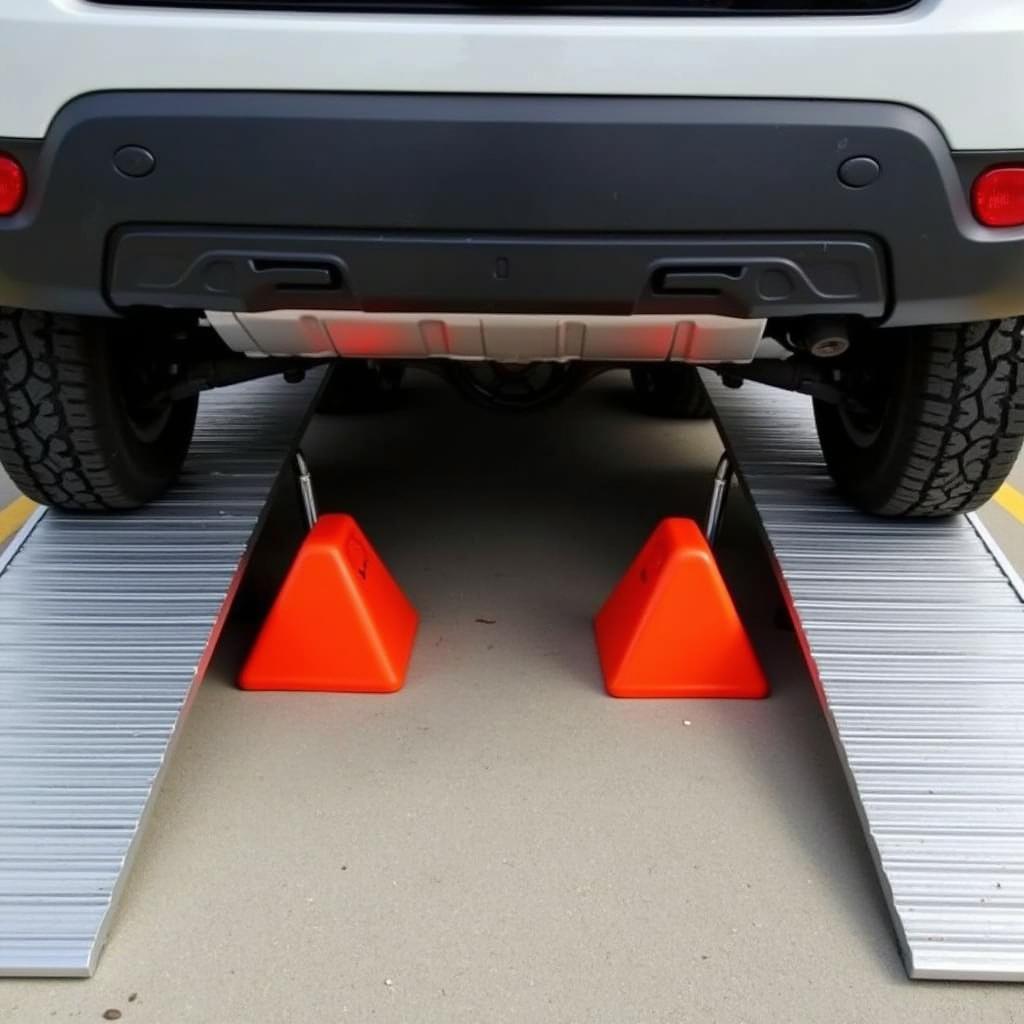 Car safely positioned on aluminum service ramps with wheel chocks in place.