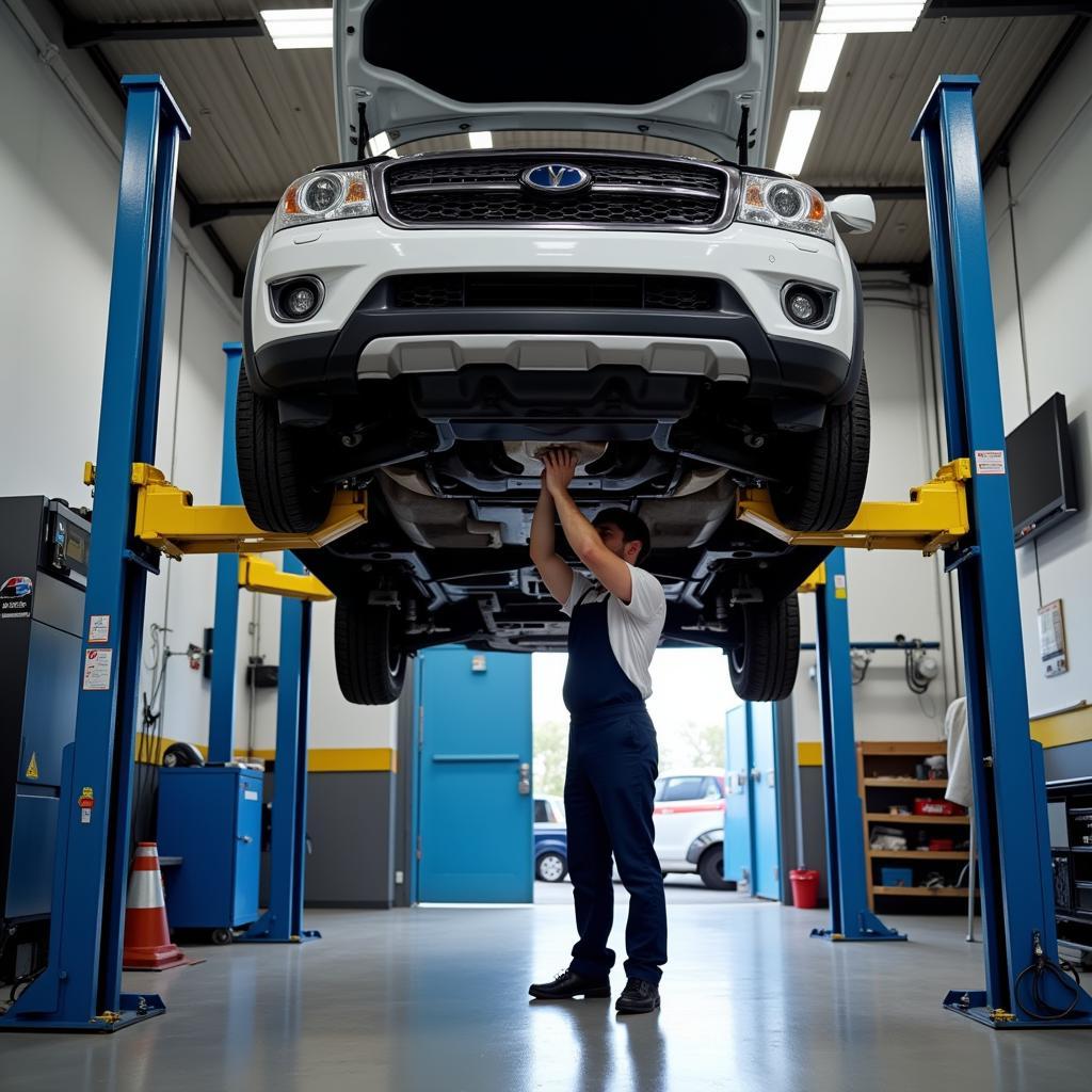 Car on lift in service bay