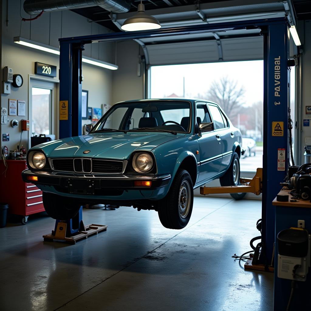 Car on a lift in an auto repair shop