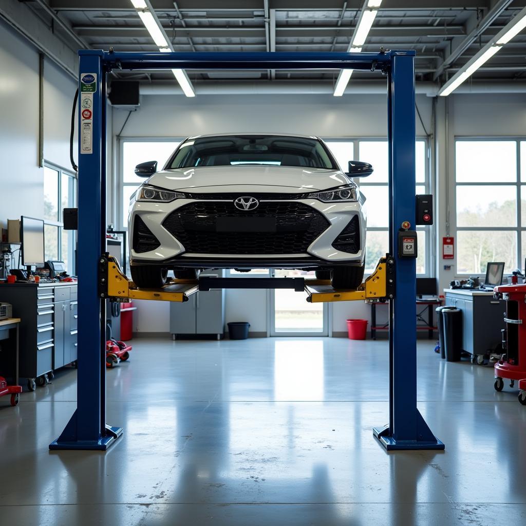 Car on a lift in a modern service center