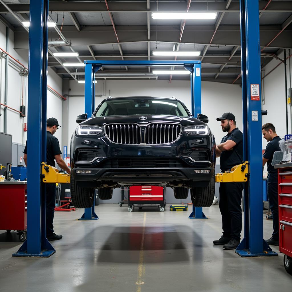 Car on Hydraulic Lift Undergoing Repairs