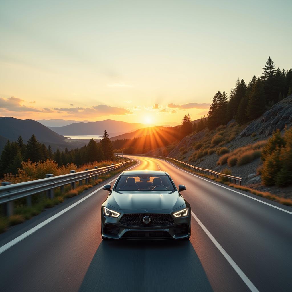 Car driving on a scenic road trip.