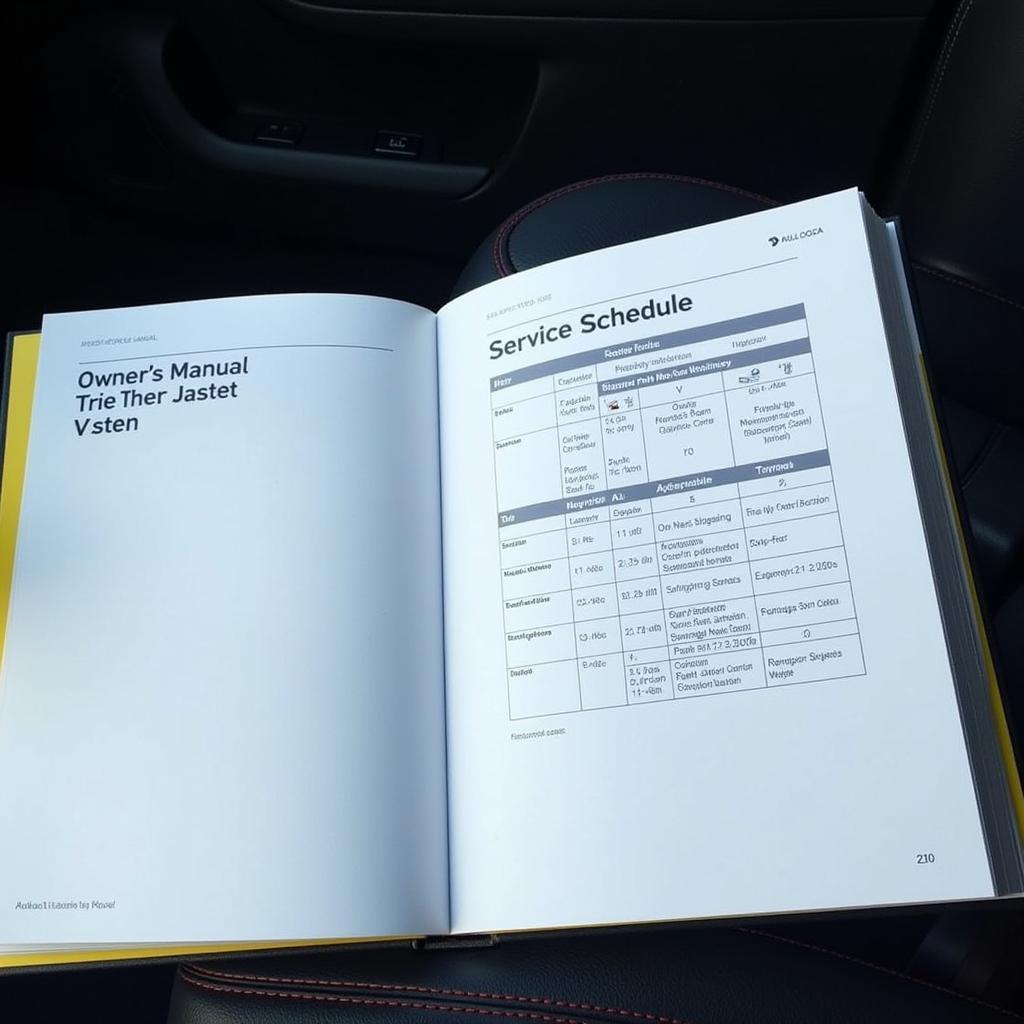 Open car owner's manual showing service schedule