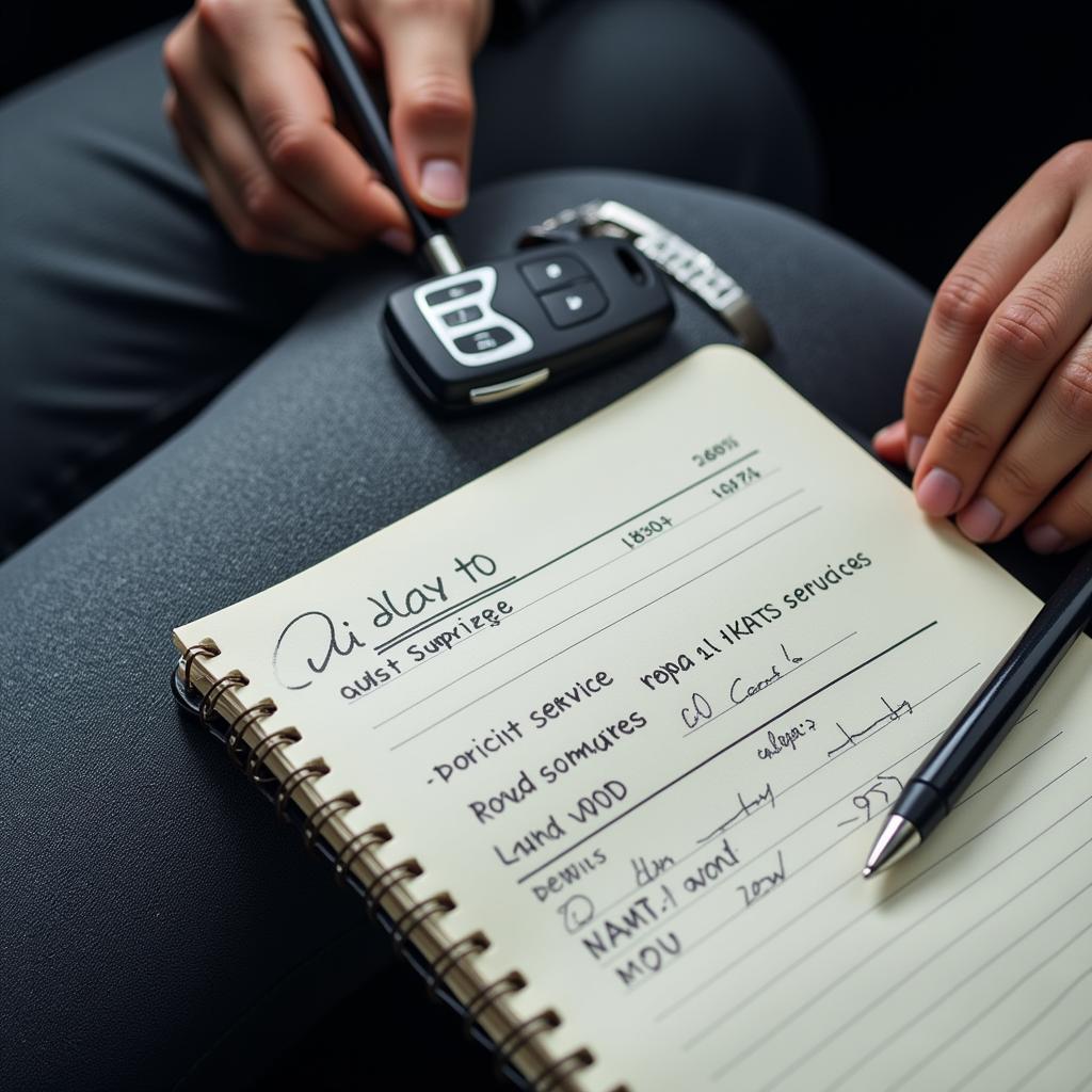 Car Owner Writing Service Record in Notebook