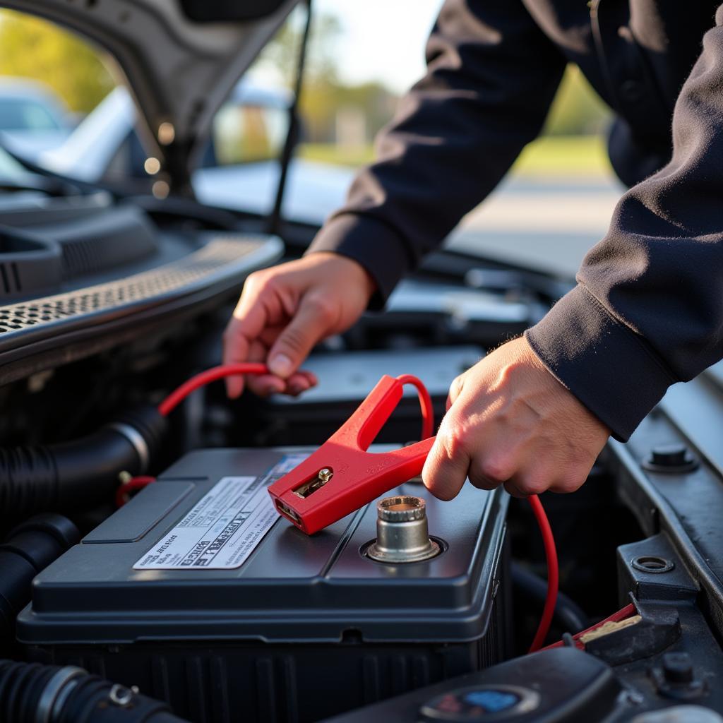 Jumpstarting a Car Battery with Roadside Assistance