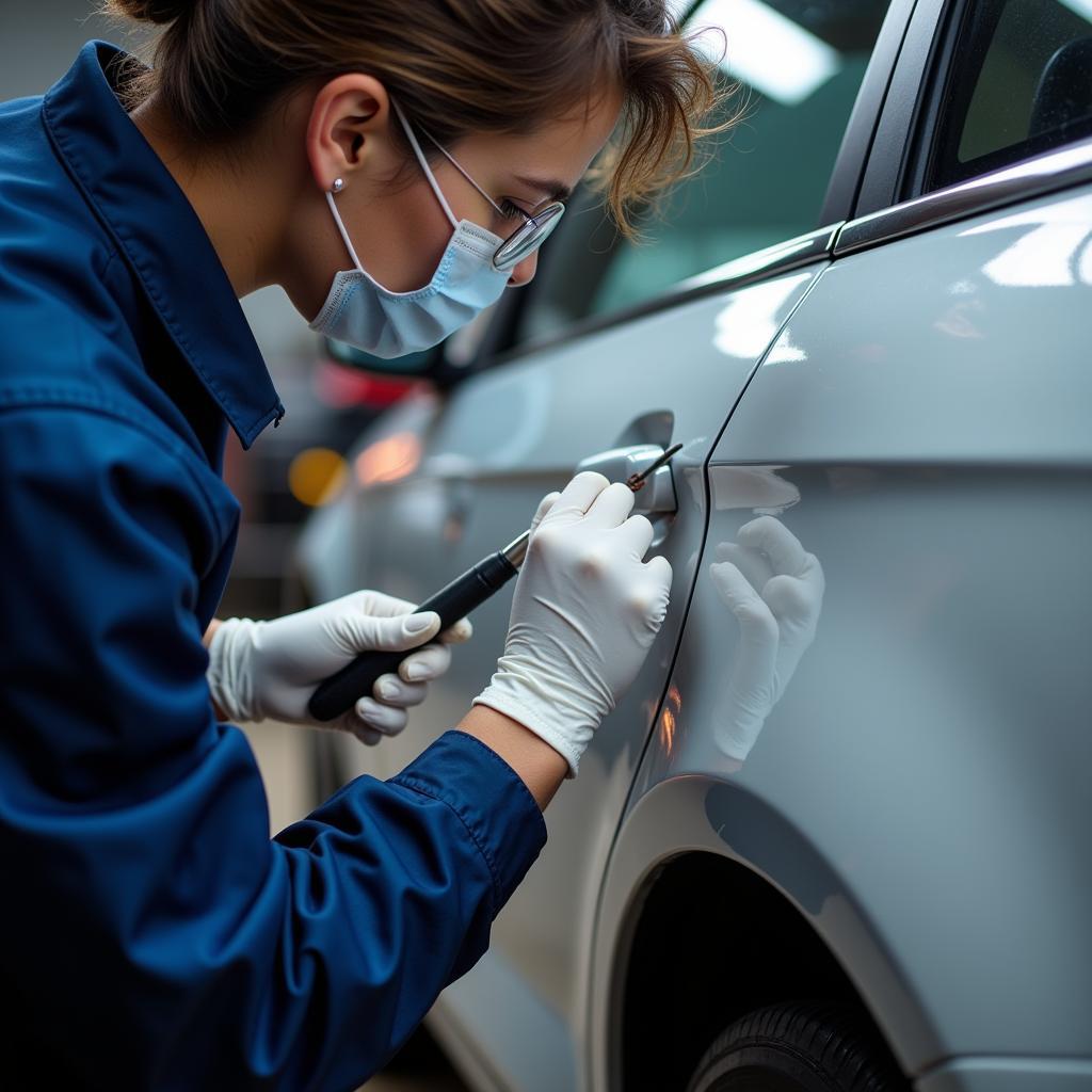 Experienced Car Scratch Repair Technician at Work