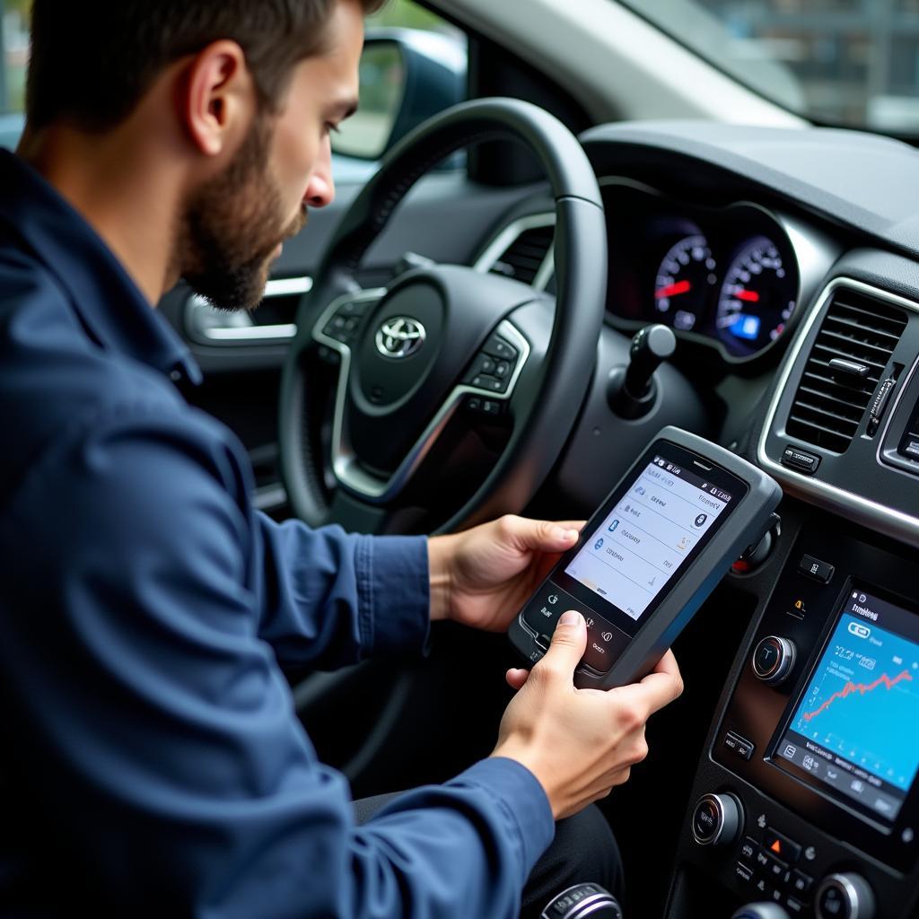 Mechanic performing a diagnostic check during a car service appointment