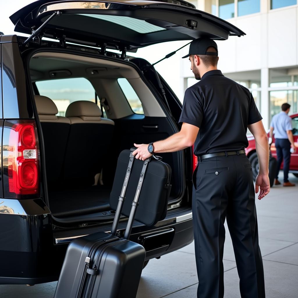 Chauffeur loading luggage into a car service vehicle at Denver International Airport.