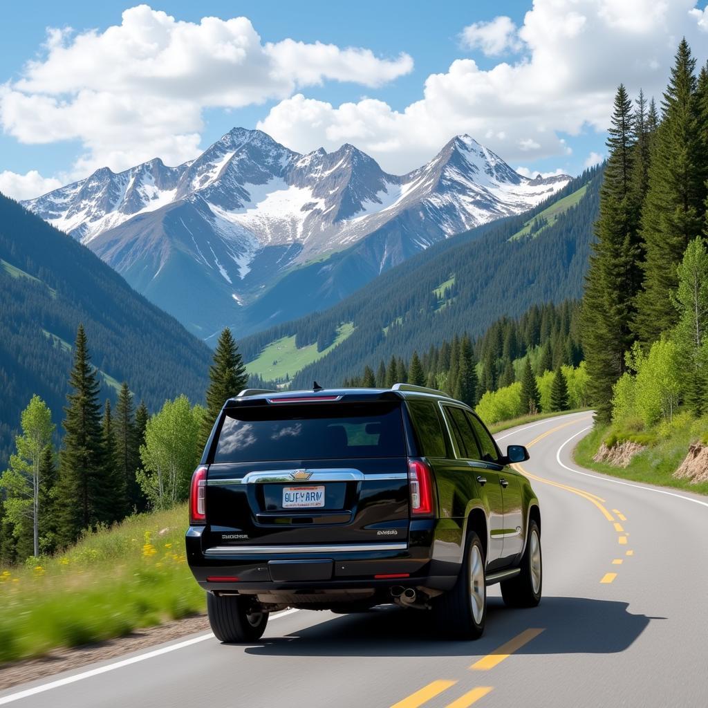 Luxury car service navigating a scenic mountain road between Aspen and Denver International Airport.