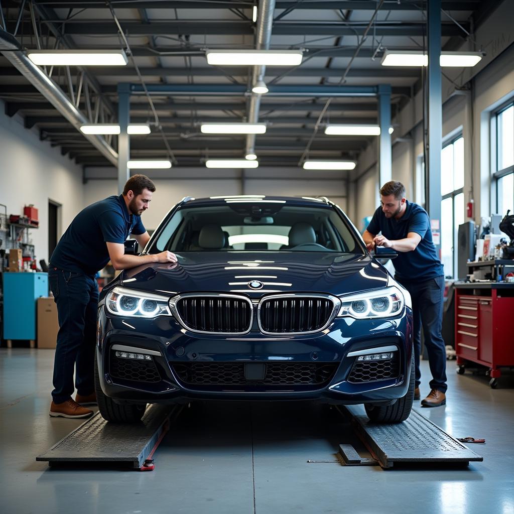 Car being serviced at a professional mechanic shop