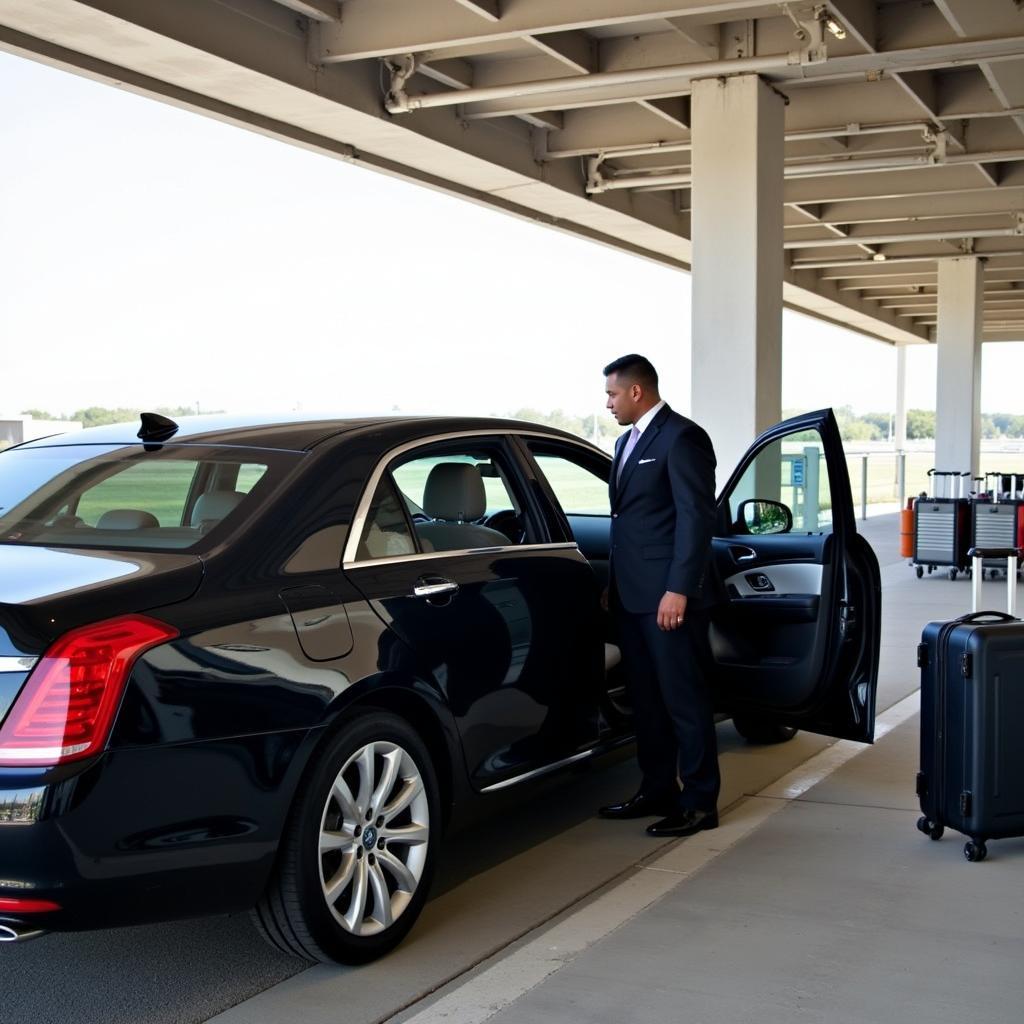 Car service awaiting passenger at Austin Bergstrom International Airport arrival area.