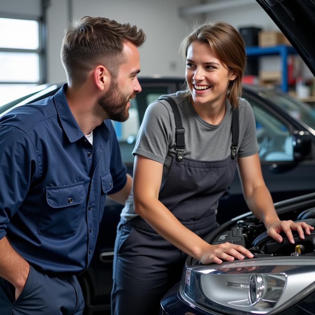 Customer Discussing Car Service with Mechanic in Banbridge