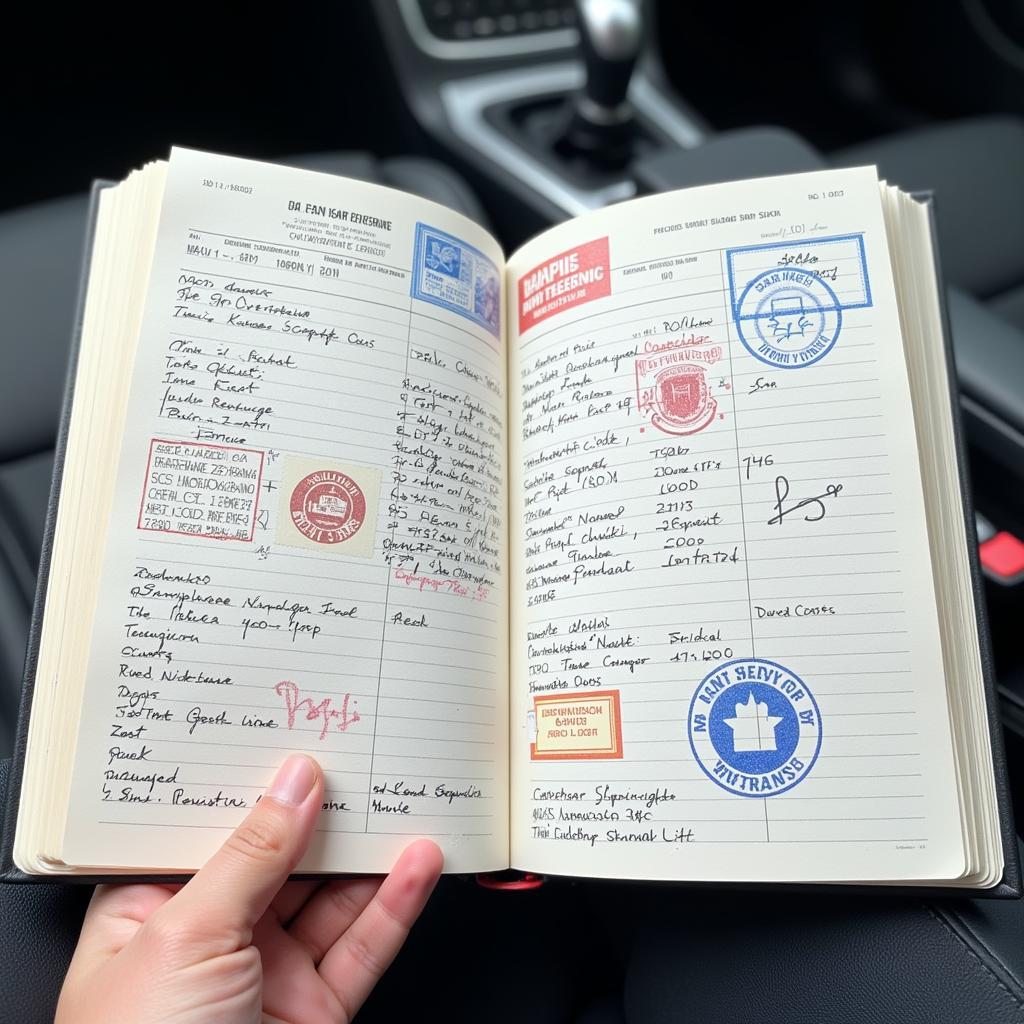 Car Service Book Open Showing Stamps and Records