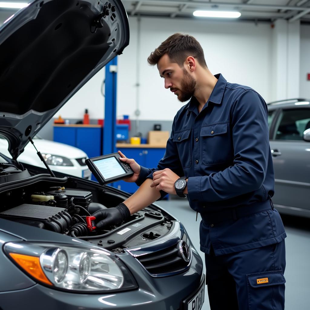 Mechanic Checking Engine in a Bracknell Car Service