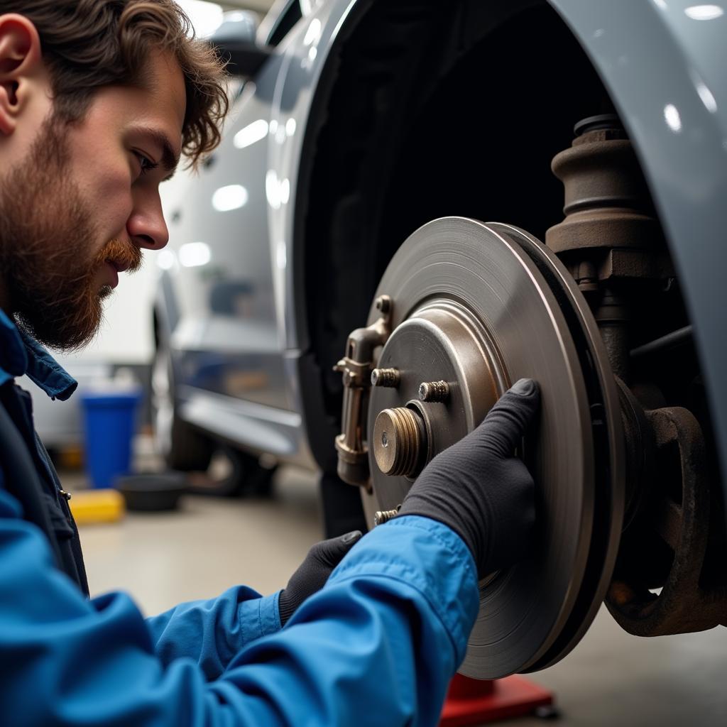 Mechanic Inspecting Brakes During a Minor Service