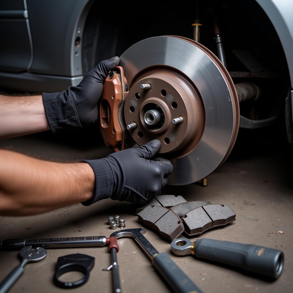 Mechanic inspecting car brakes during a routine service