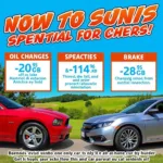 Car service campaign advertisement showing discounts on oil changes and brake inspections