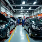 Car Service Center Efficiency - Technicians working diligently in a well-equipped service bay