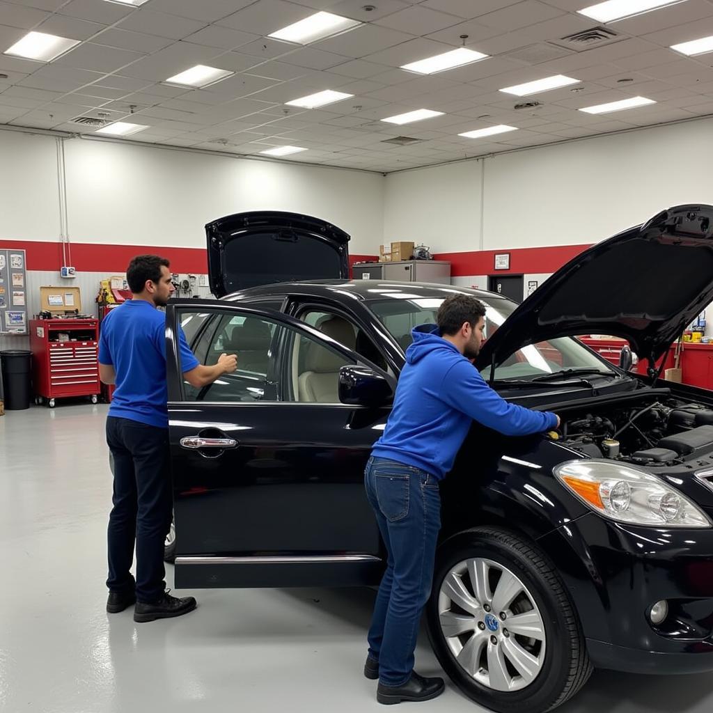 Modern car service center in Radcliffe with mechanics working