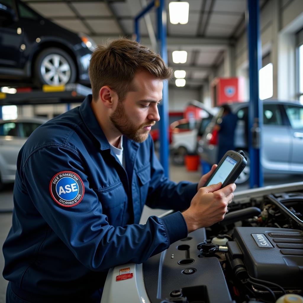 ASE Certified Technician Working on a Car Engine