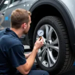 Mechanic Checking Tyre Pressure during a Car Service