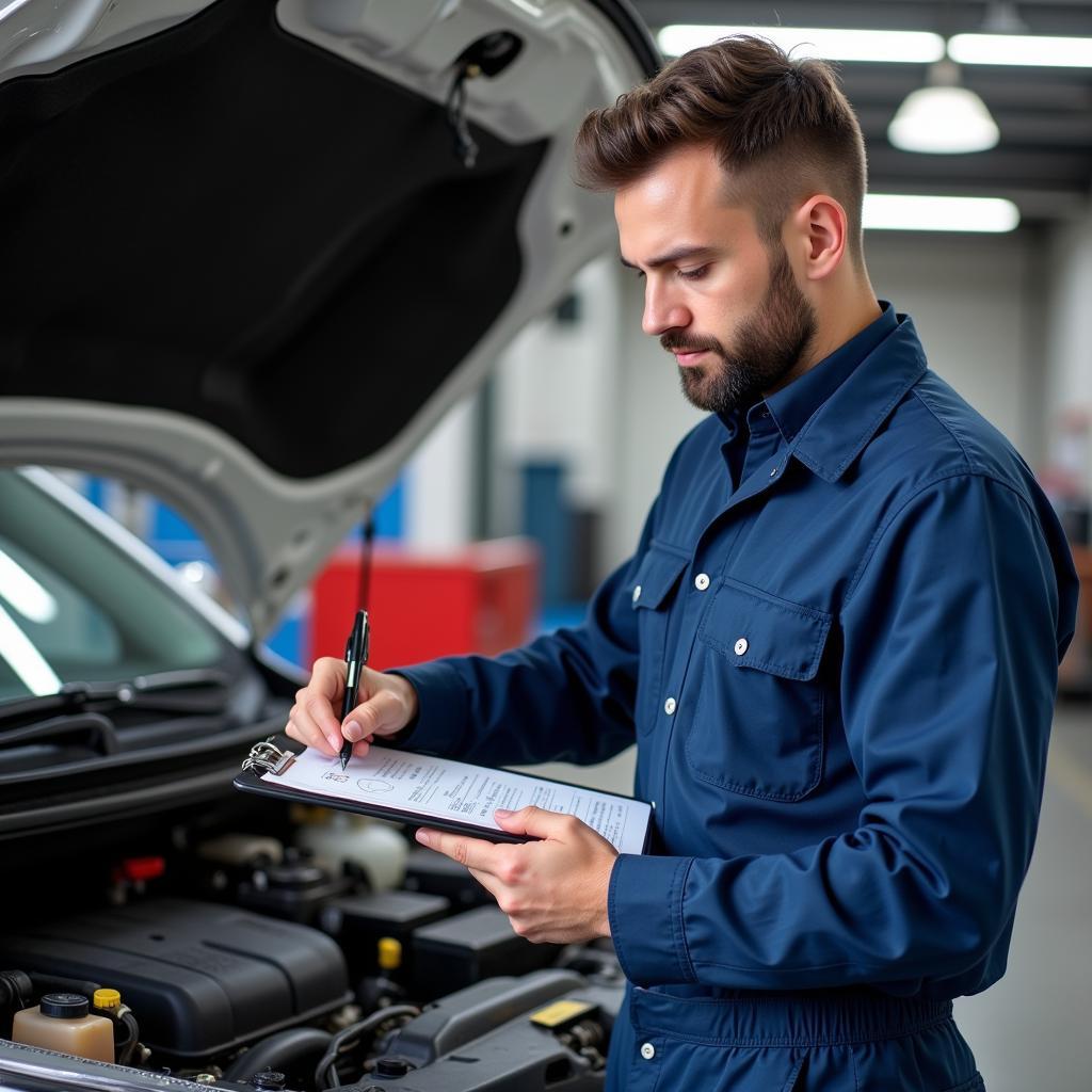 Mechanic with a checklist inspecting a car