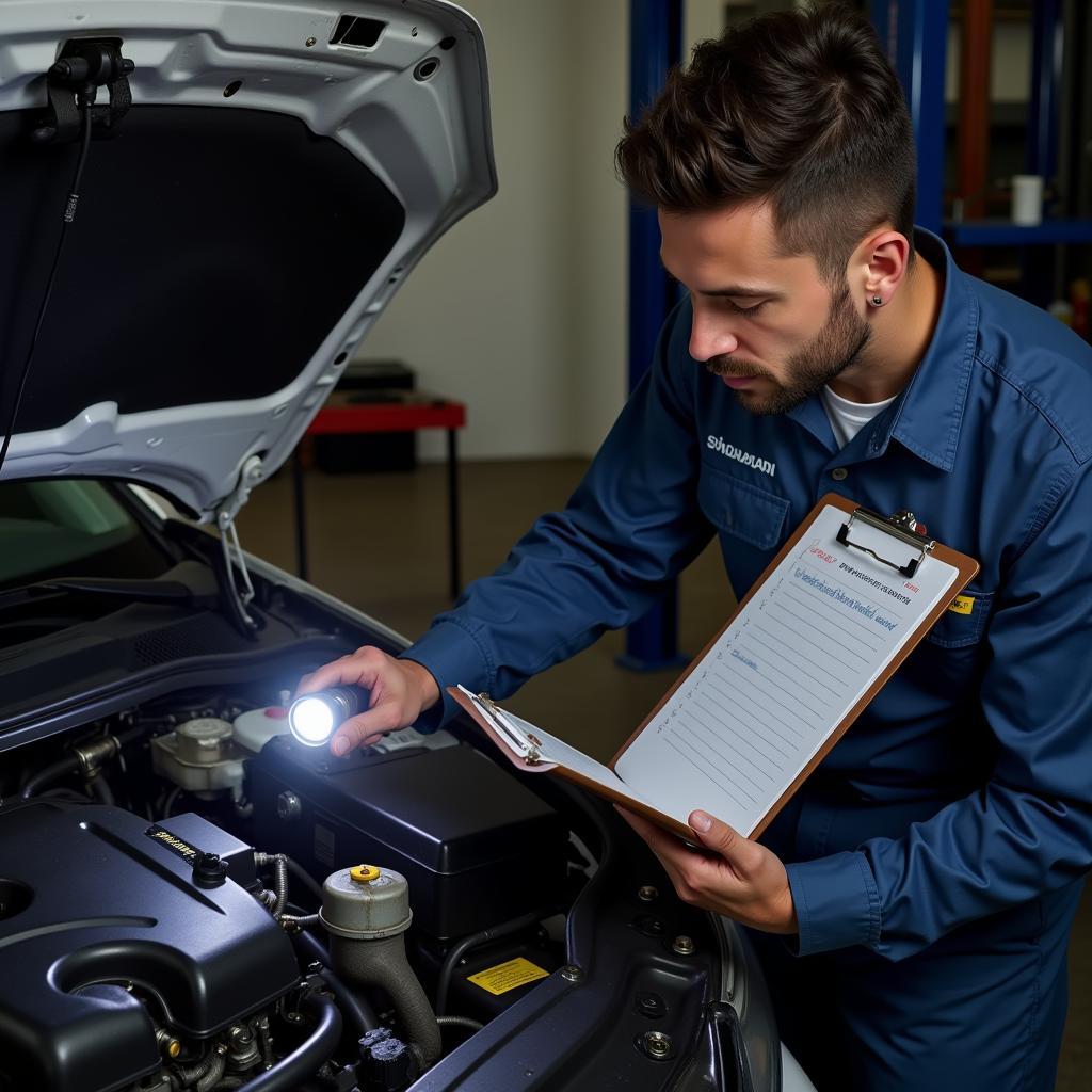 Mechanic with a Checklist Inspecting a Car